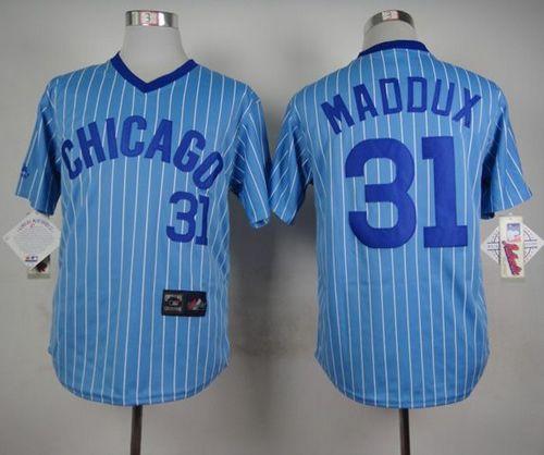 Cubs #31 Greg Maddux Blue(White Strip) Cooperstown Throwback Stitched MLB Jersey - Click Image to Close